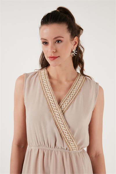 Regular Fit Kruvaze Yaka Midi Kadın Elbise 6118103 TAŞ