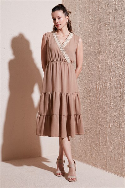 Regular Fit Kruvaze Yaka Midi Kadın Elbise 6118103 CAMEL