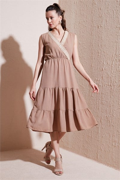 Regular Fit Kruvaze Yaka Midi Kadın Elbise 6118103 CAMEL