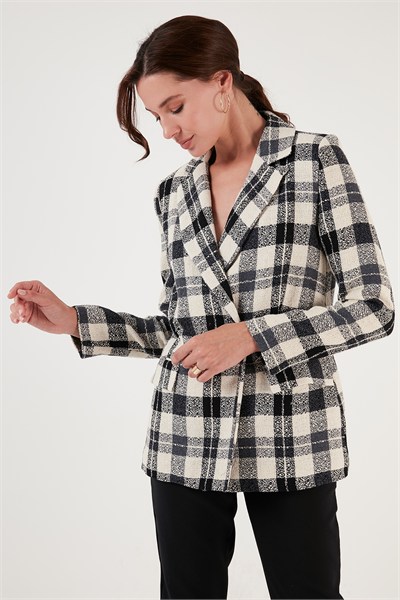 Regular Fit Kruvaze Yaka Tüvit Blazer Kadın Ceket 611CE0310 SİYAH
