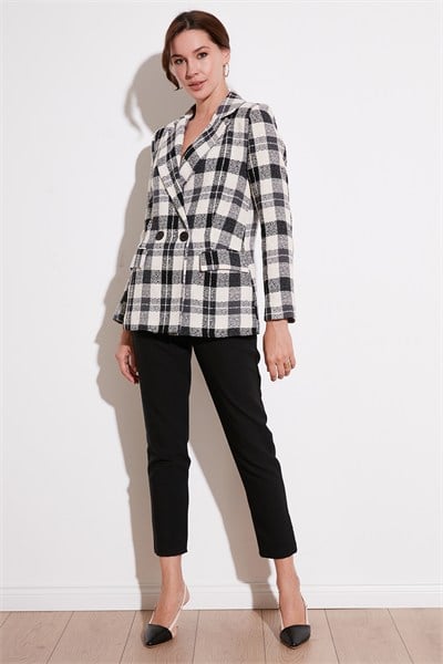Regular Fit Kruvaze Yaka Tüvit Blazer Kadın Ceket 611CE0310 SİYAH