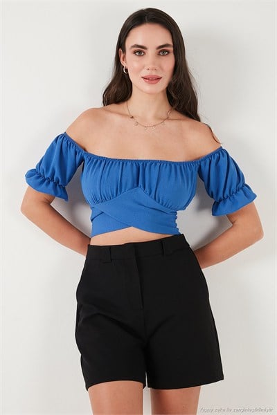 Regular Fit Madonna Yaka Bağlama Detaylı Crop Kadın Bluz 6527017 MAVİ