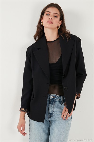 Regular Fit Mono Yaka Desenli Astar Detaylı Blazer Kadın Ceket 6524430 SİYAH