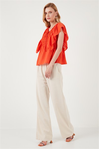 Regular Fit Önden Bağlamalı Volanlı Kadın Bluz 611FB20064 ORANJ