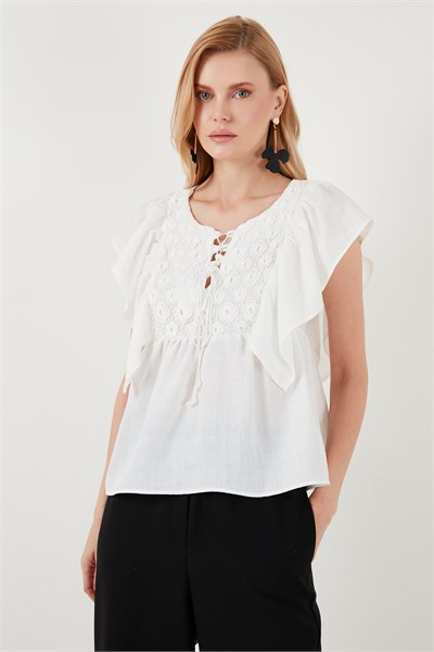 Regular Fit Önden Bağlamalı Volanlı Kadın Bluz 611FB20064 EKRU