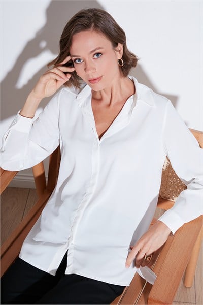 Regular Fit Önü Kısa Arkası Uzun Düz Kadın Gömlek 611GO020 EKRU