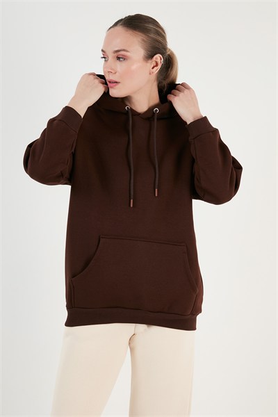 Regular Fit Pamuklu Kapüşonlu Yaka Şardonlu Kışlık Kadın Sweat 5863854 KAHVE
