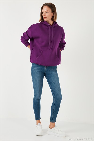 Regular Fit Pamuklu Kapüşonlu Yaka Şardonlu Kışlık 2li Paket Kadın Sweat 5863854S2 Nefti-Mor