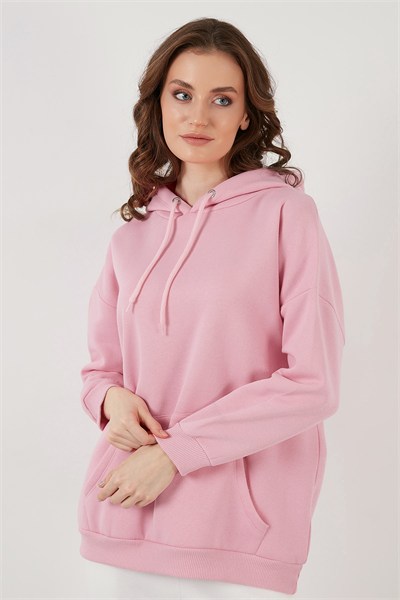 Regular Fit Pamuklu Kapüşonlu Yaka Şardonlu Kışlık Kadın Sweat 5863854 PEMBE
