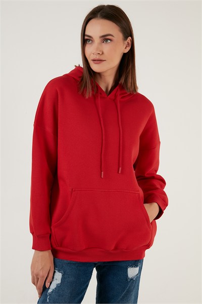 Regular Fit Pamuklu Kapüşonlu Yaka Şardonlu Kışlık Kadın Sweat 5863854 KIRMIZI