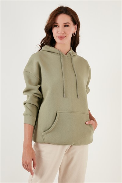 Regular Fit Pamuklu Kapüşonlu Yaka Şardonlu Kışlık Kadın Sweat 5863854 Olive