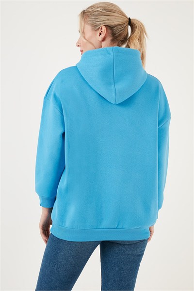 Regular Fit Pamuklu Kapüşonlu Yaka Şardonlu Kışlık Kadın Sweat 5863854 TURKUAZ