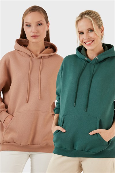 Regular Fit Pamuklu Kapüşonlu Yaka Şardonlu Kışlık 2li Paket Kadın Sweat 5863854S2 Nefti-Bisküvi
