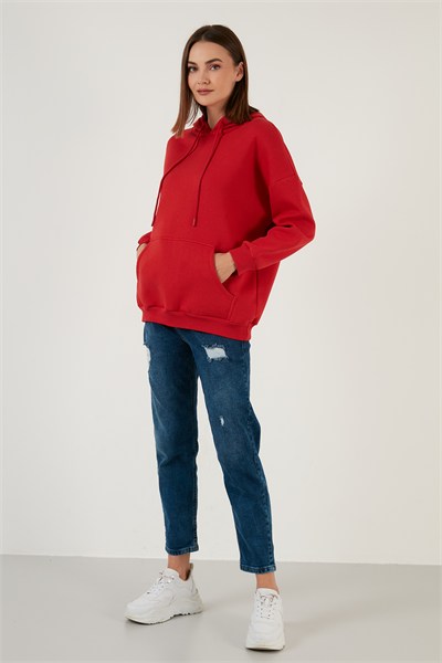 Regular Fit Pamuklu Kapüşonlu Yaka Şardonlu Kışlık Kadın Sweat 5863854 KIRMIZI