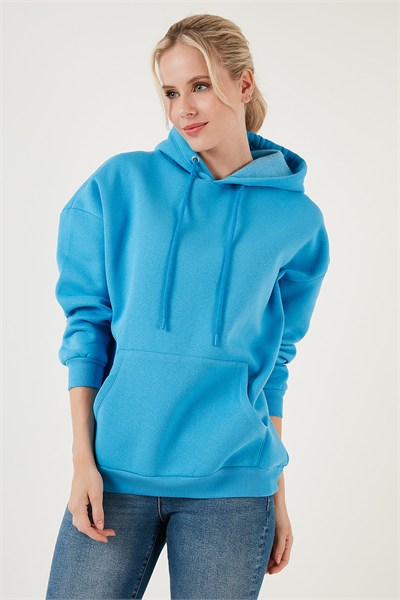 Regular Fit Pamuklu Kapüşonlu Yaka Şardonlu Kışlık Kadın Sweat 5863854 TURKUAZ