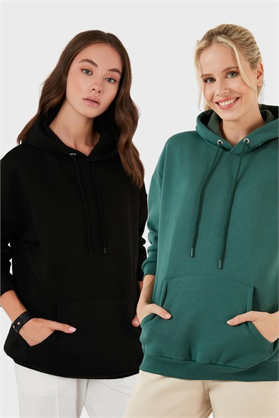 Regular Fit Pamuklu Kapüşonlu Yaka Şardonlu Kışlık 2li Paket Kadın Sweat 5863854S2 Nefti-Siyah