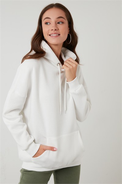 Regular Fit Pamuklu Kapüşonlu Yaka Şardonlu Kışlık Kadın Sweat 5863854 EKRU