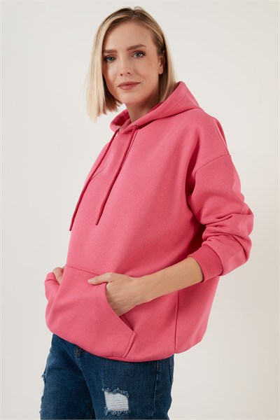 Regular Fit Pamuklu Kapüşonlu Yaka Şardonlu Kışlık Kadın Sweat 5863854 FUŞYA