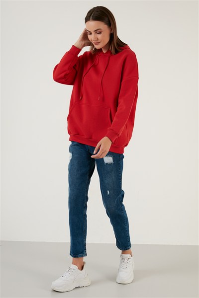 Regular Fit Pamuklu Kapüşonlu Yaka Şardonlu Kışlık Kadın Sweat 5863854 KIRMIZI
