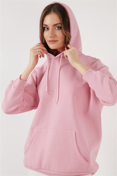 Regular Fit Pamuklu Kapüşonlu Yaka Şardonlu Kışlık Kadın Sweat 5863854 PEMBE