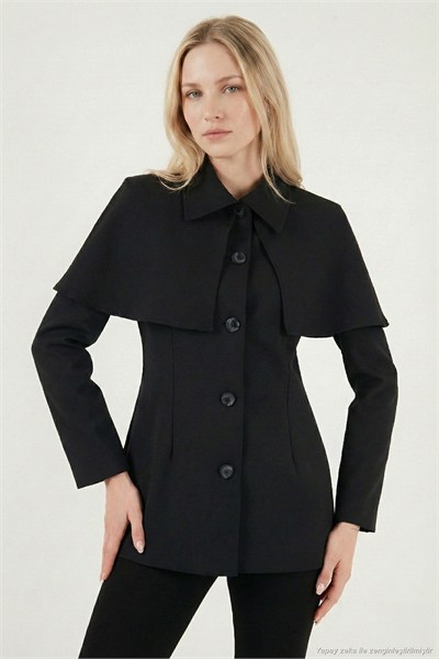 Regular Fit Pelerin Detaylı Düğmeli Kadın Ceket 6927687 SİYAH