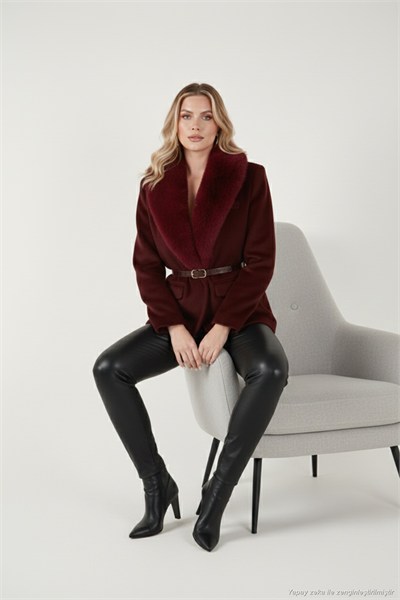 Regular Fit Şal Yaka Kemerli Kadın Kaban 6839688 BORDO