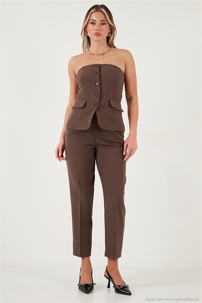 Regular Fit Straplez Yaka Düğmeli Kadın Yelek 6839611 KAHVE