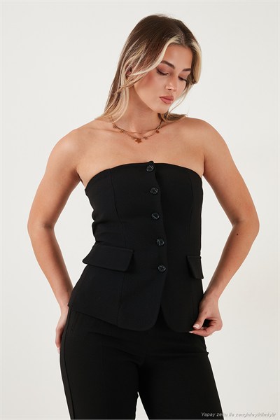 Regular Fit Straplez Yaka Düğmeli Kadın Yelek 6839611 SİYAH