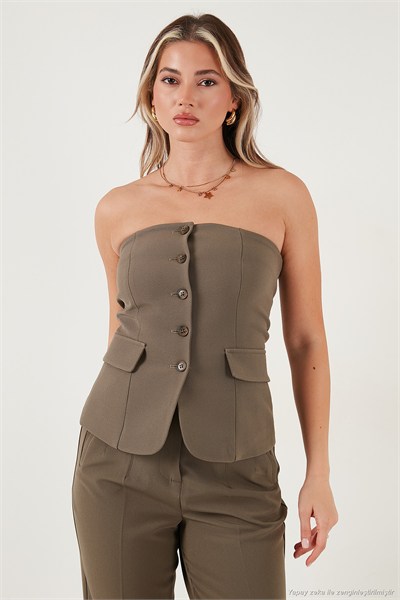 Regular Fit Straplez Yaka Düğmeli Kadın Yelek 6839611 HAKİ