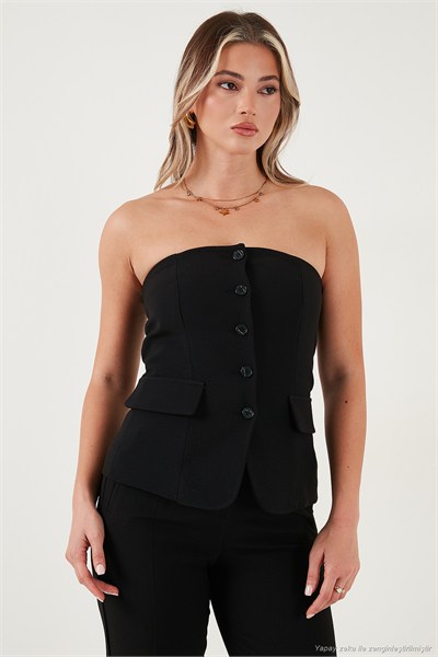 Regular Fit Straplez Yaka Düğmeli Kadın Yelek 6839611 SİYAH