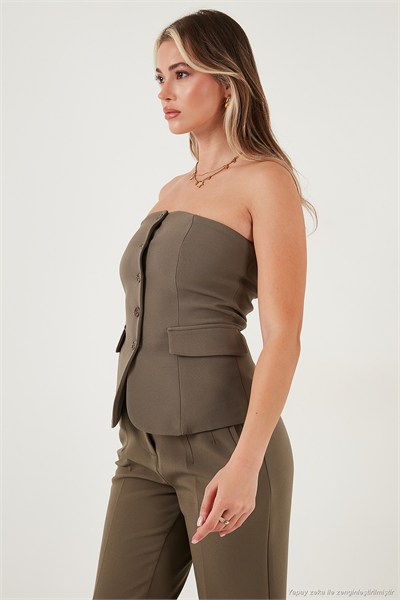 Regular Fit Straplez Yaka Düğmeli Kadın Yelek 6839611 HAKİ