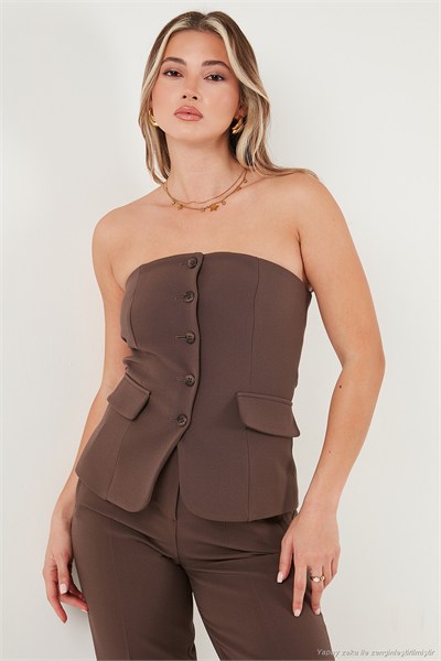 Regular Fit Straplez Yaka Düğmeli Kadın Yelek 6839611 KAHVE