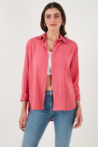 Regular Fit Tek Cepli Önü Kısa Arkası Uzun Krinkıl Kadın Gömlek 6772752 FUŞYA