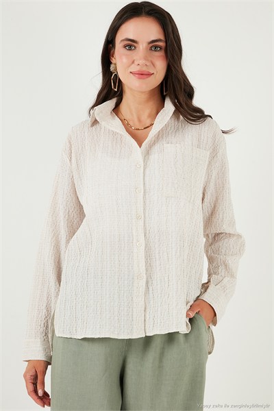 Regular Fit Tek Cepli Önü Kısa Arkası Uzun Krinkıl Kadın Gömlek 6772752 TAŞ
