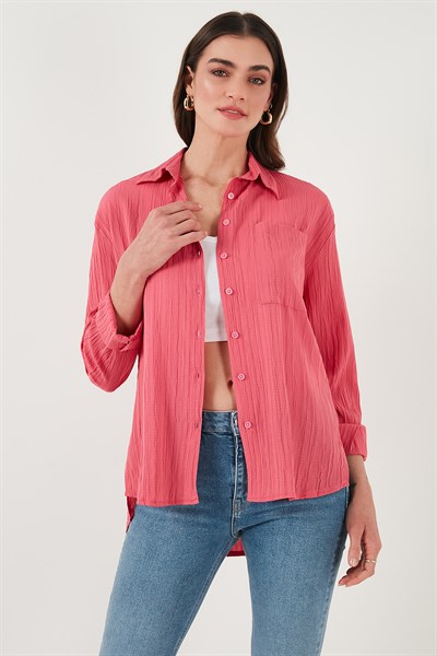 Regular Fit Tek Cepli Önü Kısa Arkası Uzun Krinkıl Kadın Gömlek 6772752 FUŞYA