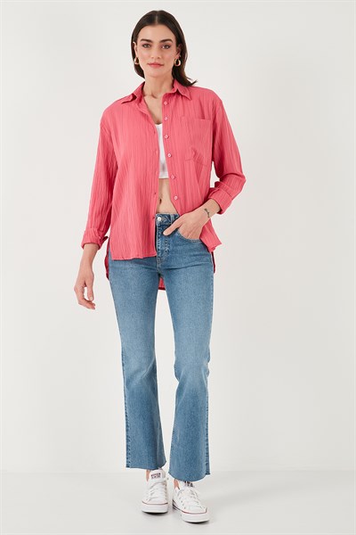 Regular Fit Tek Cepli Önü Kısa Arkası Uzun Krinkıl Kadın Gömlek 6772752 FUŞYA