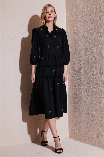 Regular Fit Truvakar Kollu Midi Dokuma Kadın Elbise 611EL0882 SİYAH
