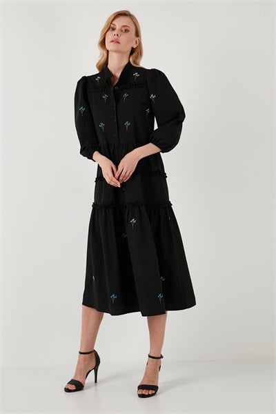 Regular Fit Truvakar Kollu Midi Dokuma Kadın Elbise 611EL0882 SİYAH