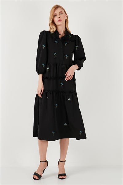 Regular Fit Truvakar Kollu Midi Dokuma Kadın Elbise 611EL0882 SİYAH
