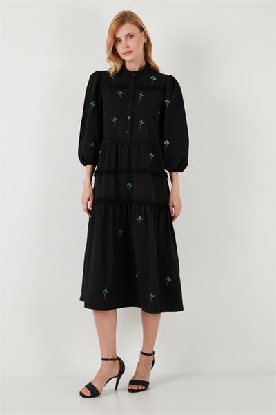 Regular Fit Truvakar Kollu Midi Dokuma Kadın Elbise 611EL0882 SİYAH
