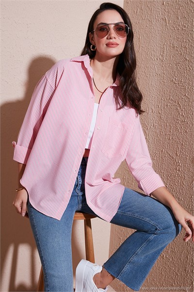 Regular Fit Uzun Kollu Cepli Çizgili Kadın Gömlek 6772895 Şeker Pembe