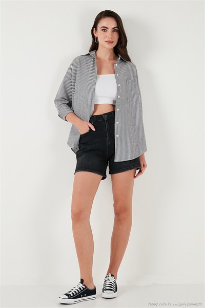 Regular Fit Uzun Kollu Cepli Çizgili Kadın Gömlek 6772895 SİYAH