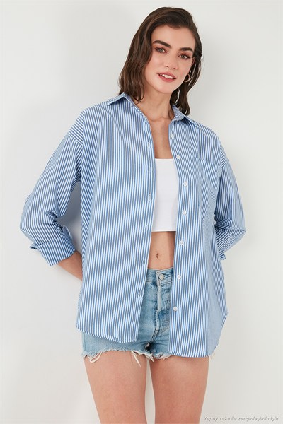 Regular Fit Uzun Kollu Cepli Çizgili Kadın Gömlek 6772895 İNDİGO