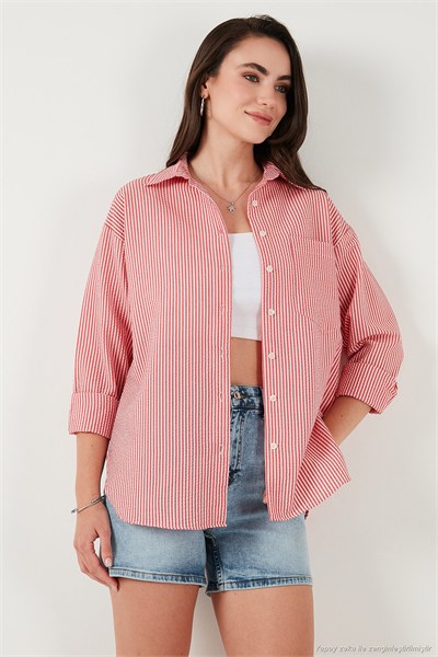Regular Fit Uzun Kollu Cepli Çizgili Kadın Gömlek 6772895 KIRMIZI
