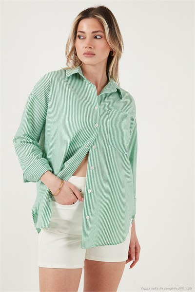 Regular Fit Uzun Kollu Cepli Çizgili Kadın Gömlek 6772895 BENETTON