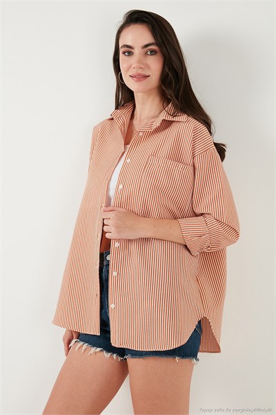 Regular Fit Uzun Kollu Cepli Çizgili Kadın Gömlek 6772895 KİREMİT