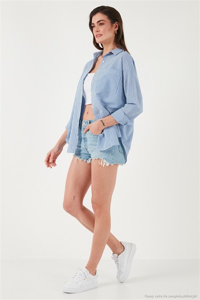 Regular Fit Uzun Kollu Cepli Çizgili Kadın Gömlek 6772895 İNDİGO