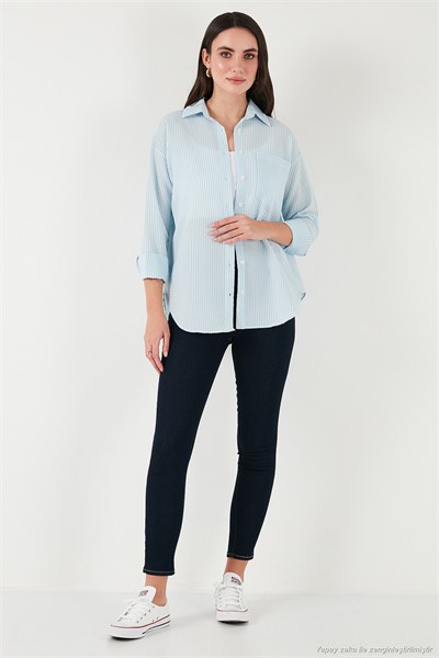 Regular Fit Uzun Kollu Cepli Çizgili Kadın Gömlek 6772895 BEBE MAVİ