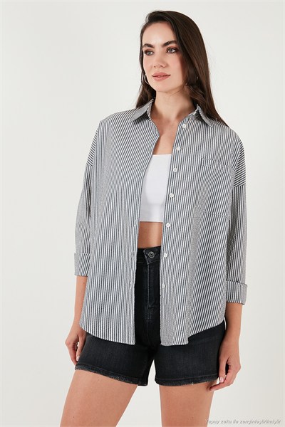 Regular Fit Uzun Kollu Cepli Çizgili Kadın Gömlek 6772895 SİYAH