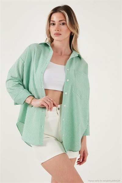 Regular Fit Uzun Kollu Cepli Çizgili Kadın Gömlek 6772895 BENETTON